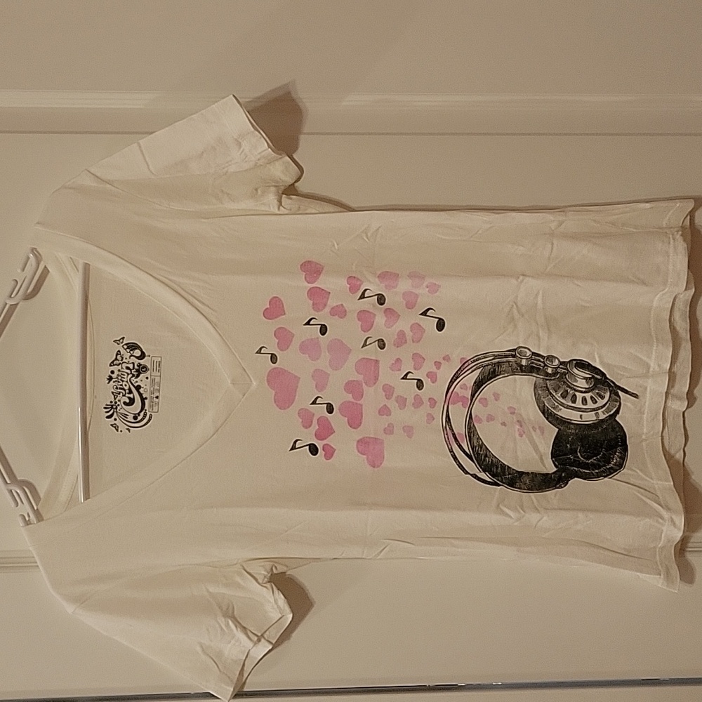 Like New Five Crown Music Lover Headphones White, Black, and Pink V-Neck T-Shirt